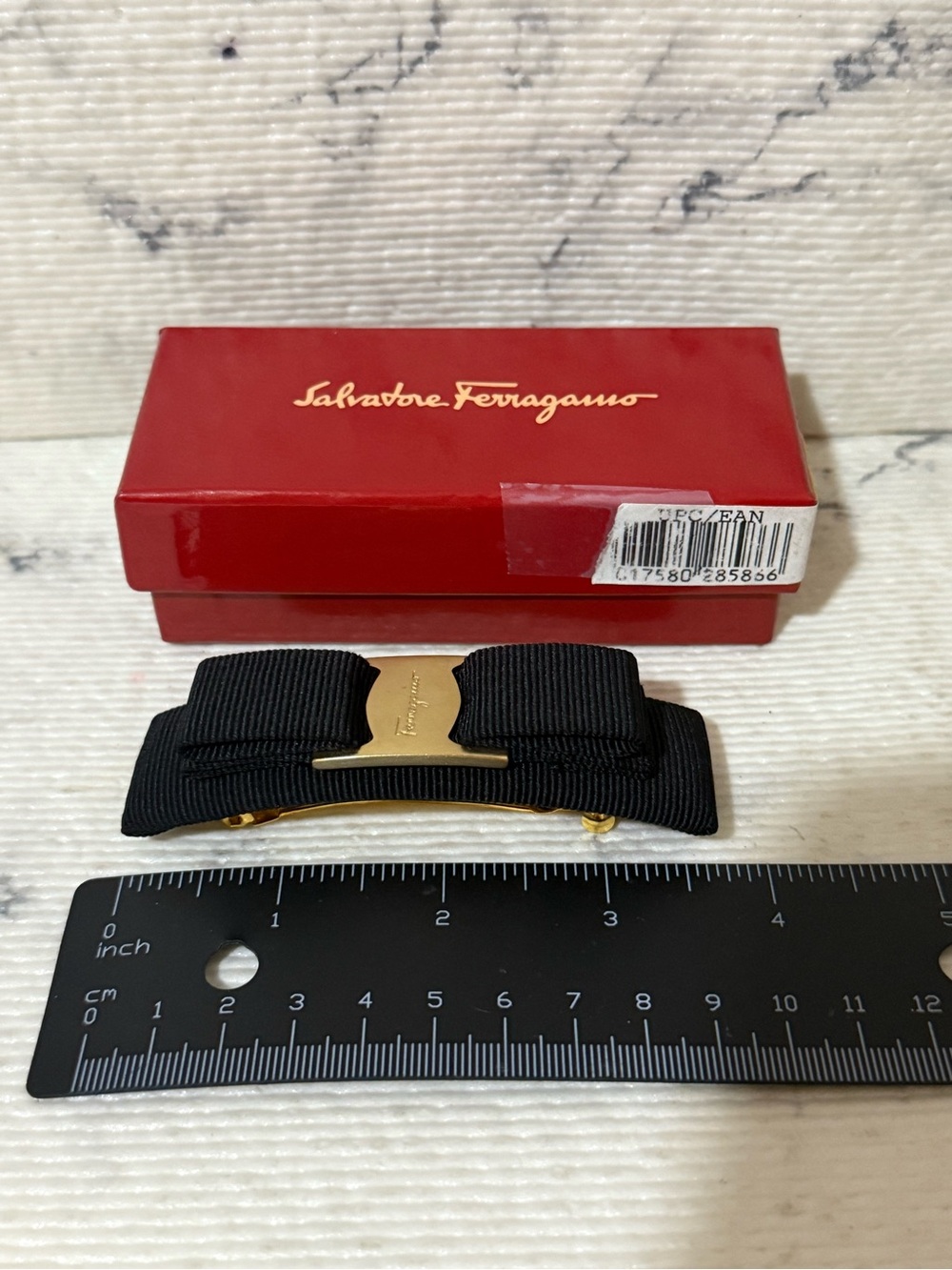 Salvatore Ferragamo Black Grosgrain Bow Hair Clip with Gold Plaque - Picture 10 of 11